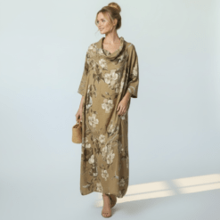 Vestido lino cuello chimenea flores