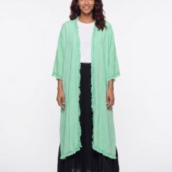 Kimono largo con flecos y fruncido de lino